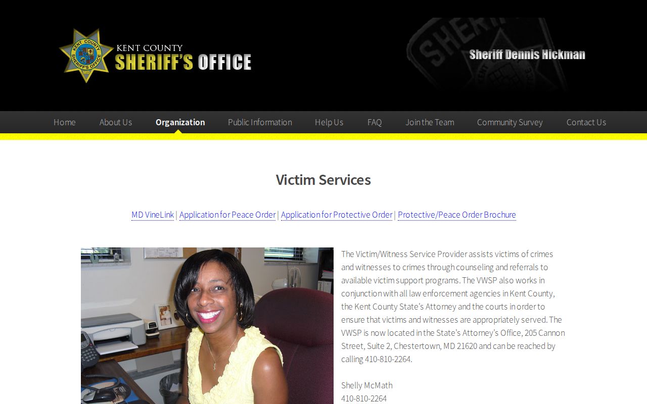 Kent County Sheriff victim services Maryland VINE page