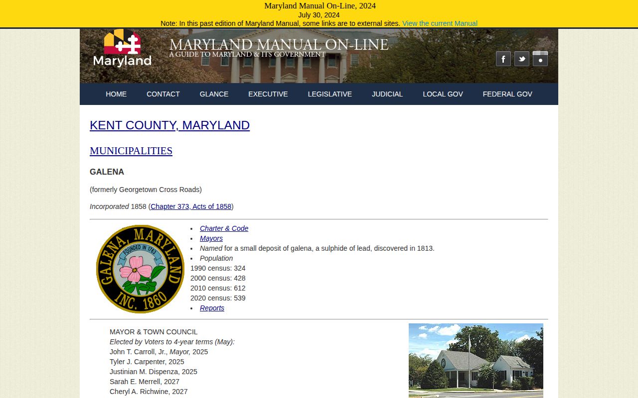 Maryland Manual Galena municipal page used to identify recent arrest agency routing