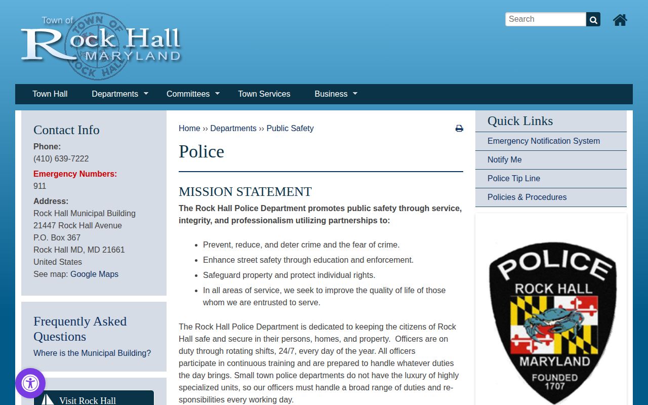 Official Rock Hall Police page describing dispatch and arrest agency cooperation
